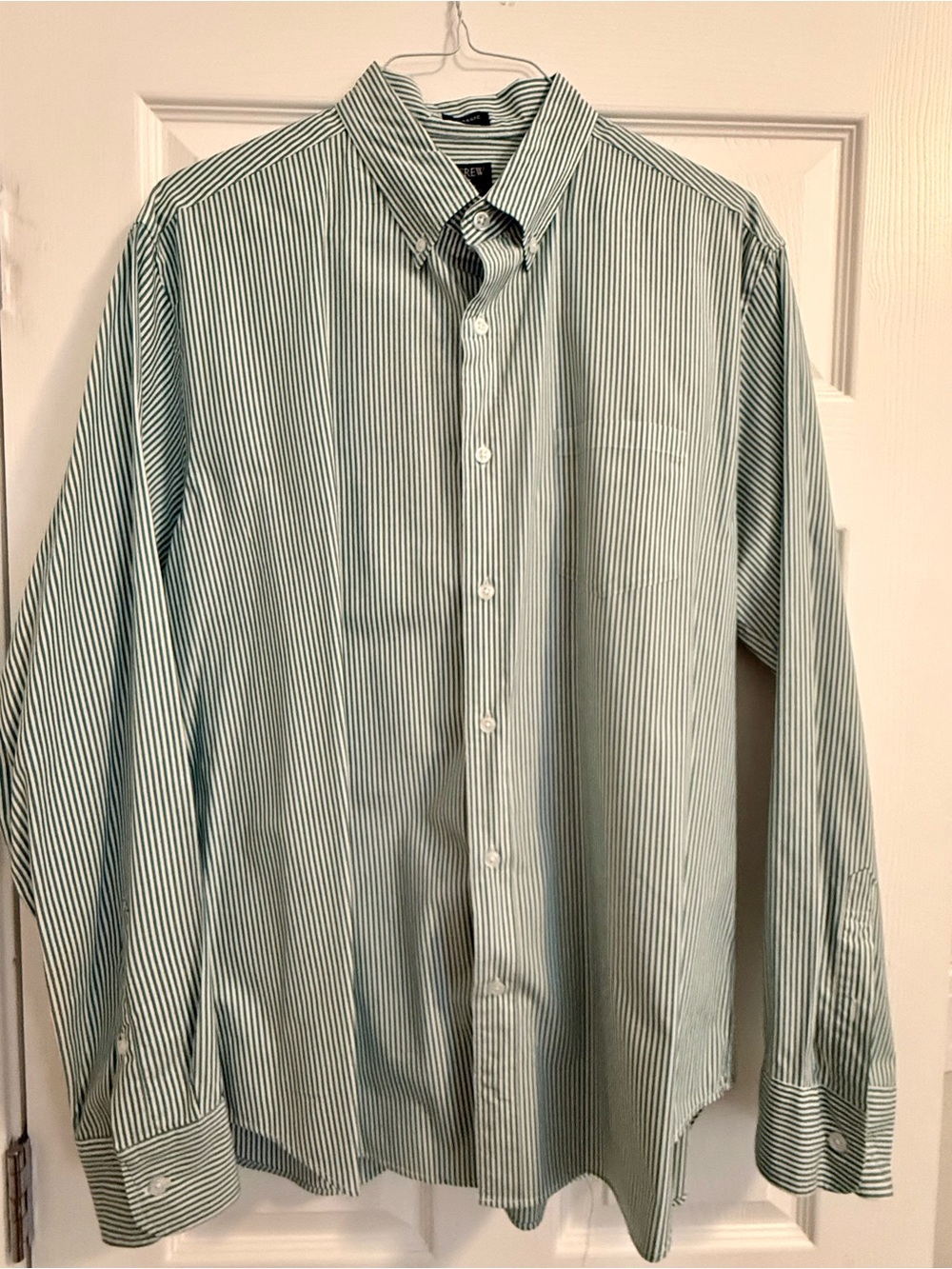 J. Crew Men's Green and White Pinstripe Dress Shirt XL